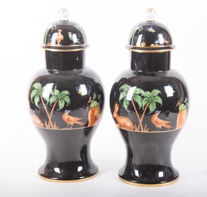 A Pair of Camille Le Tallec Black Shoulder Porcelain Ginger Jars