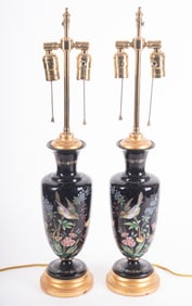 A Pair of Antique Black Enameled Glass Vases, now Lamps