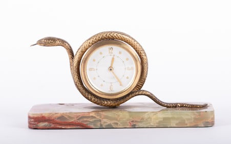 A Vintage Onyx and Bronze Snake Desk Clock