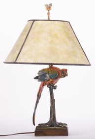 An Antique Cold Painted Parrot Lamp, Pompeian Bronze Company