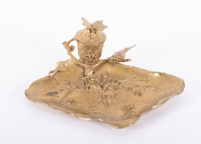 An Antique French Aesthetic Movement Gilt Brass Inkwell