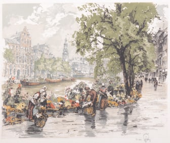 Hans Figura, Austria (1898-1978), The Flower Market, silk engraving