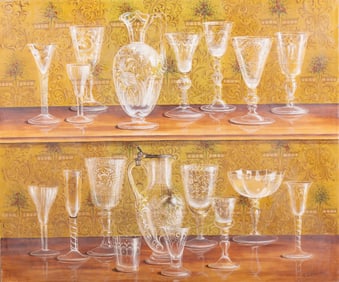 Fabrice de Villeneuve, France (b. 1954), Assorted Crystal on two Shelves, oil on canvas