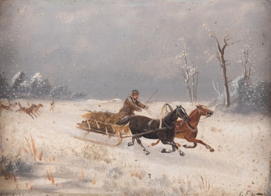 L. Obit, Continental Late 19th/ Early 20th Century, Horse-Drawn Sleigh, oil on panel