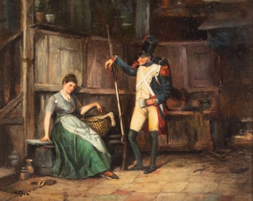 Artist Unknown, Early 20th Century, Genre Scene with Soldier and Young Woman, oil on wood panel
