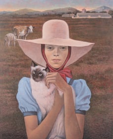Castro Cadenas, 20th Century, Girl with Cat, Purina Farm, oil on board