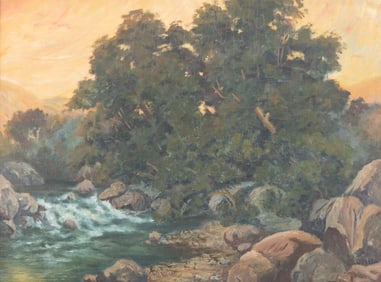 G. M. Dean, American School 20th Century, Waterfall Under Tree, oil on board