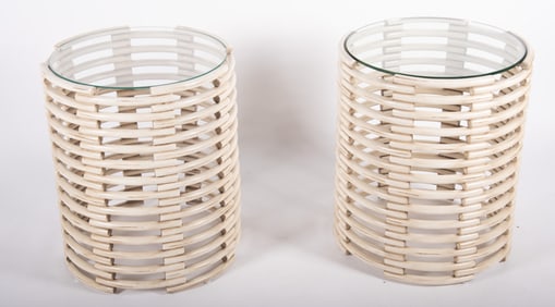 Pair Of Modern Rattan And Glass Accent Tables
