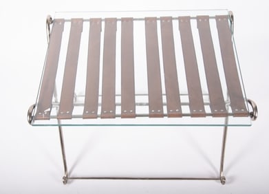 Vintage Metal Folding Table with Leather Straps and Glass Top