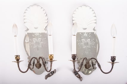Pair of Etched Mirrored Art Deco Sconces