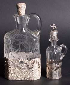 Antique Sterling Overlay Decanter Signed Bigelow Kennard & Co plus a Dutch Overlay Cruet