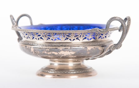 900 Silver Compote with Snake Handles and Cobalt Liner 1922, Vienna, Austria