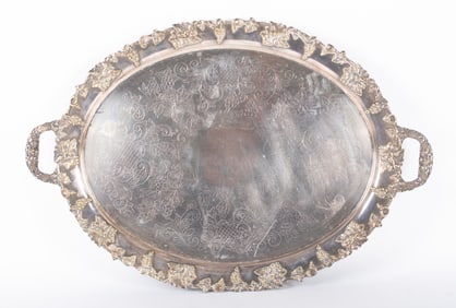 A Large Antique English Silver Plate Serving Tray, Grape Pattern