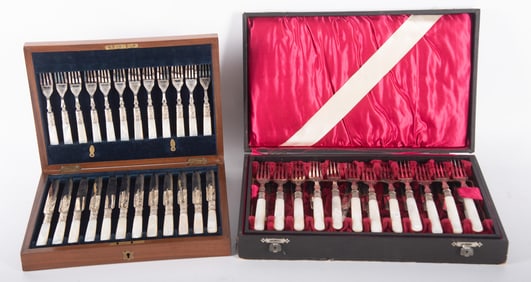 Two Boxed Sets Mother of Pearl and Plated Silver Fruit/Desert Forks and Knives
