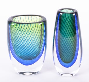 Two Kosta Lindstrand Fishnet Glass Vases