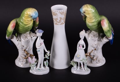 A Collection of Continental Porcelain, including Vista Alegre Parrots and Rosenthal Figures