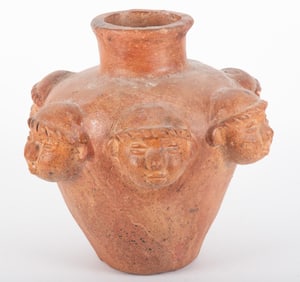 Pre-Columbian Style Pottery Vessel with Faces