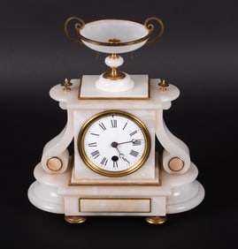 An Antique Victorian Gilt Metal and Alabaster Mantel Clock
