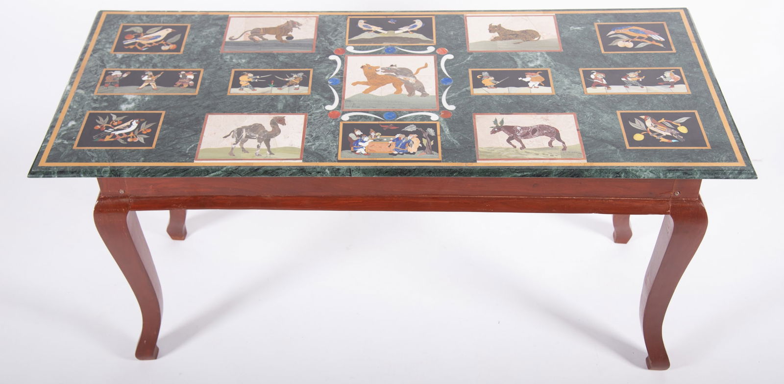 Twentieth Century Console Table With Pietra Dura Top: Twentieth Century Console Table With Pietra Dura TopShowing inlaid birds, camels and figures.Provenance: The Collection of Bill and Susan Stiritz, St. Louis, MO25 x 51 x 21 1/2 inches