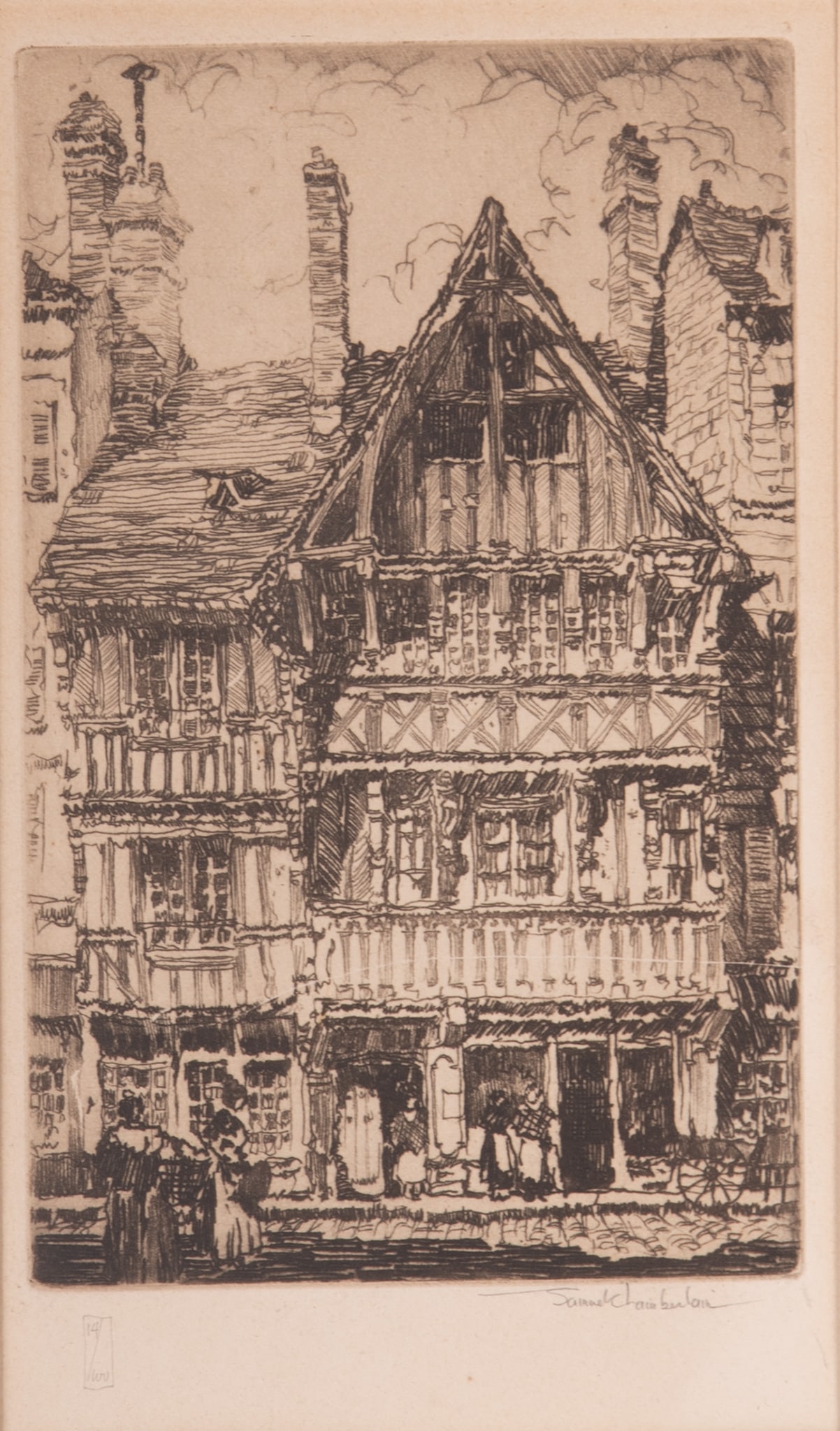 Samuel Chamberlain, American (1895-1975), Old Houses, Lisieux, engraving: Samuel ChamberlainAmerican, (1895-1975)Old Houses, Lisieuxengravingsigned lower right, framed8 5/8 x 5 1/8 inches; 16 1/2 x 12 inches (overall with frame)