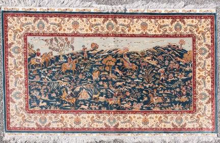 Handwoven Persian Qom Silk And Cotton Hunting Area Rug