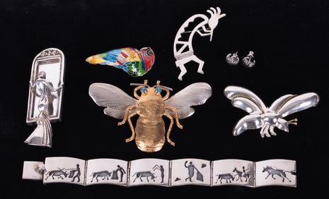Collection of Designer Sterling Silver and Mexican Silver Brooches and Bracelet
