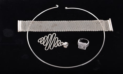 Group of Sterling Silver Jewelry; Collar, Pendant, Bracelet and Ring