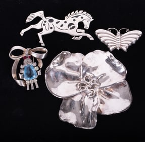 Four Sterling Silver Brooches; E&L Israel Floral, Horse, Bee and Bow