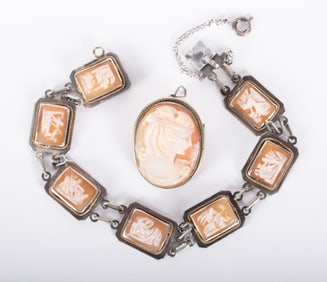 Antique Cameo Bracelet and Brooch set in Silver