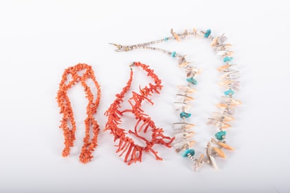 Two Coral Necklaces and a Native American Fetish Necklace