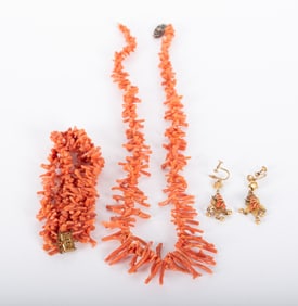 Natural Branch Coral Vintage Necklace and Bracelet Set Together with Pair of Earrings
