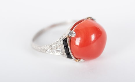Antique Platinum Red Coral and Diamond Ring