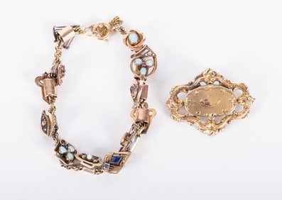 Antique Slide Bacelet along with a 14K Victorian Brooch