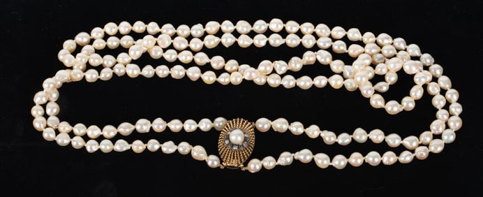 Double Strand Baroque Pearl Opera Length Necklace with 14K Gold, Diamond and Pearl Clasp
