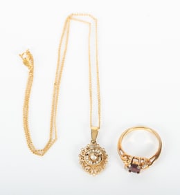 Seed Pearl Pendant on Chain along with a Garnet Ring