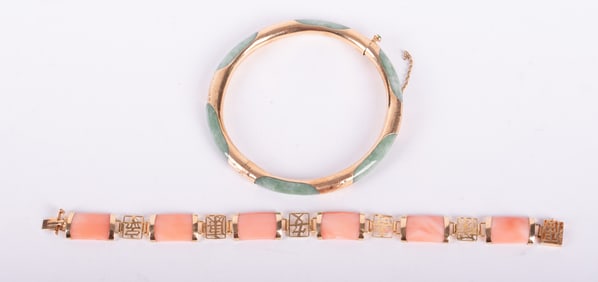 Two Chinese 14K Yellow Gold Jade Bracelets