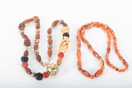 Carnelian Bead Necklace and Multi Carved Stone and Cloisonn? Necklace