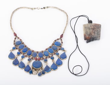 Mideastern Lapis Bib Necklace together with Chinese Archaic Style Jade Pendant on Rope Necklace