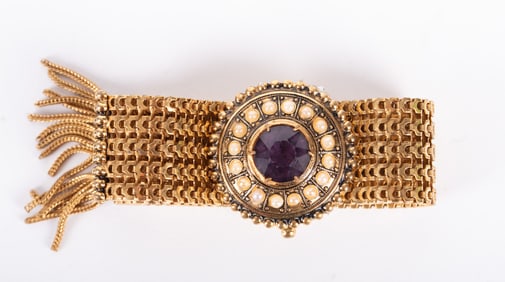 Victorian Style Gold Filled Mesh Slide Bracelet with Amethyst Color Stone and Seed Pearls