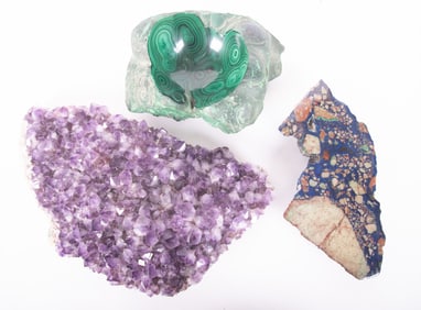 Mineral Specimens to include Amethyst, Malachite, and a Lapis Lazuli Slice