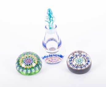 Two Perthshire Paperweights and a Perthshire Paperweight Scent Bottle