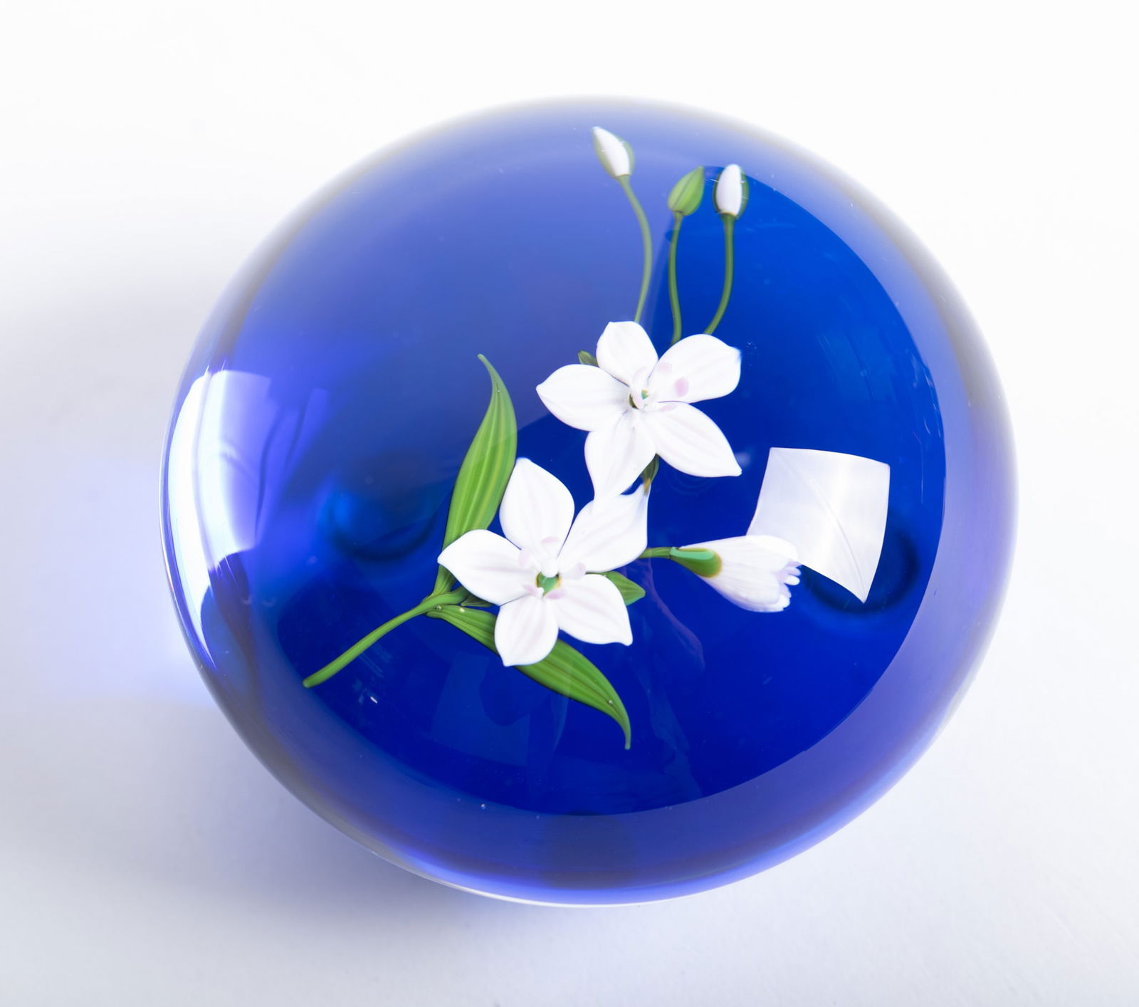 A Paul Stankard Botanical Paperweight: A Paul Stankard Botanical Paperweight1980, Paul J. Stankard (B. 1943), floral spray on blue ground, edition of 100, incised mark: 83/100 A64 1980, cane mark: S1 5/8 x 3 1/8 inches