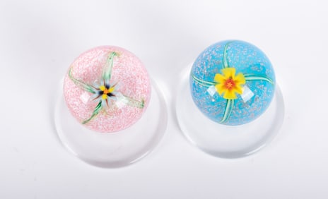 Two Charles Kaziun Jr. Pedestal Spider Lily Paperweights