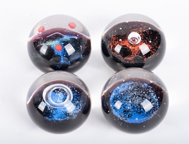 Four Art Glass Planet Series Paperweights, Peter Holmes for Caithness