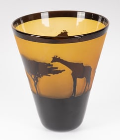 A Correia Cameo Glass Vase, Giraffes and Acacia Trees