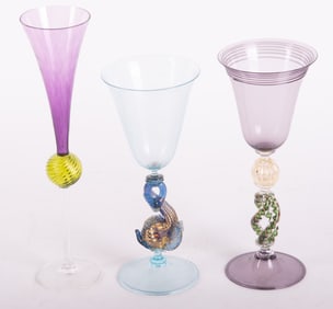 Three Murano Style Art Glass Wine Goblets, various Artists