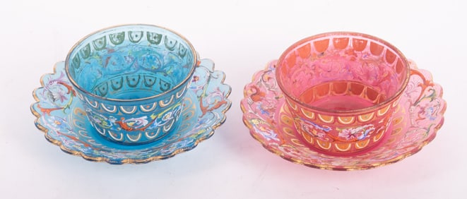Two Moser Enameled Glass Bowls with Underplates