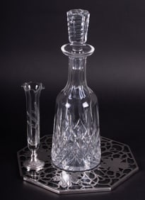 Irish Waterford Lismore Crystal Wine Decanter, Sterling Silver Overlay Trivet, and Glass and Webb
