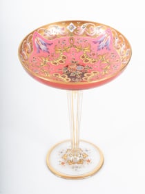 A Moser Cranberry and Clear Enameled Glass Compote