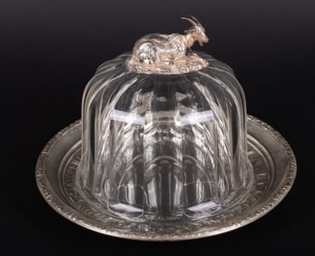 Antique Cheese Dome with Sterling Silver Goat Finial along with a Sterling Silver Underplate